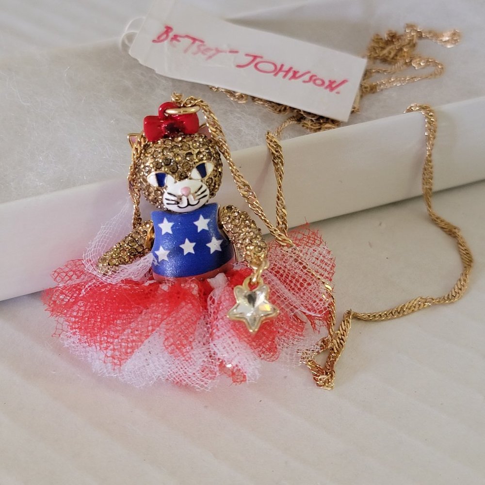New Betsey Johnson BJ Patriotic Flag Stars Bangle Tutu Cat Necklace Gold Hearts
